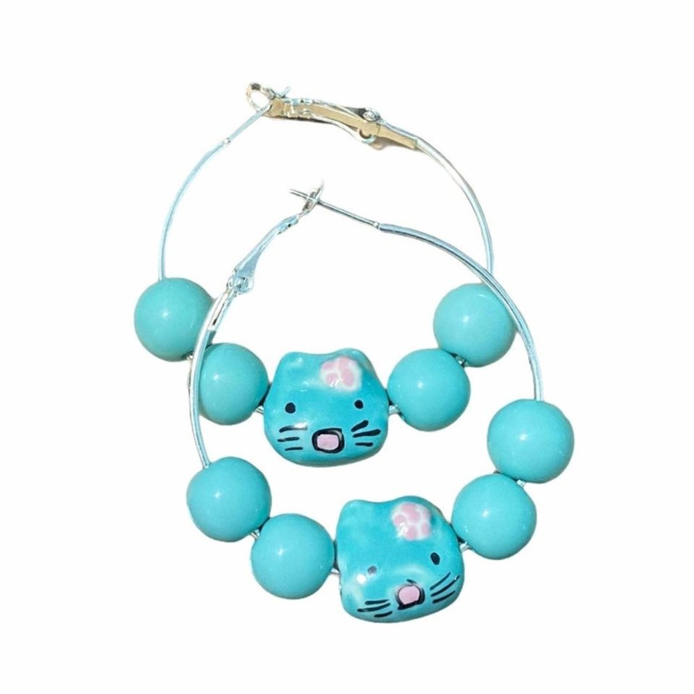 Kitty Cat Hoop Earrings Blue Bead‎ Kawaii Fun Cute Y2K Aesthetic Silver Tone